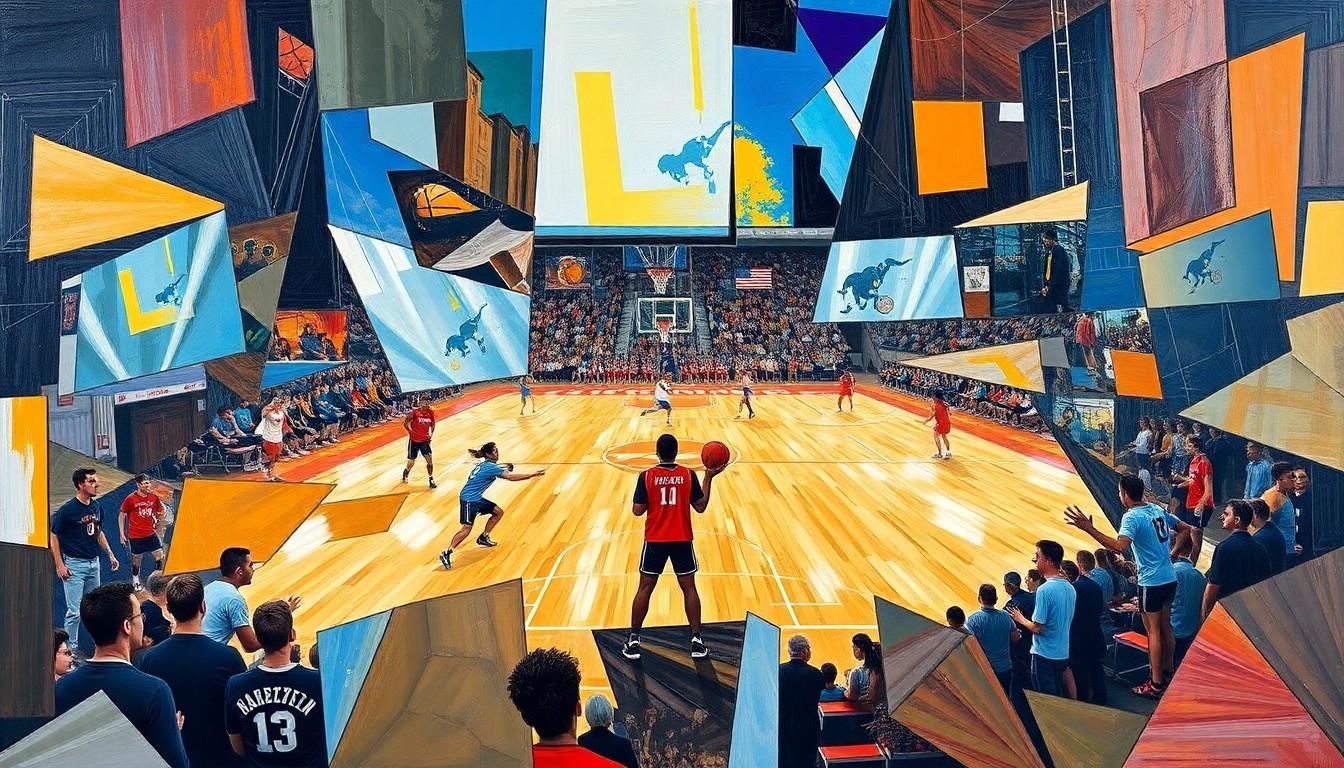A fragmented, geometric painting depicting various high school sports actions and competitions, with sharp, overlapping planes of color and form.