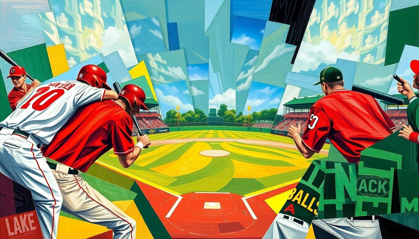 A fragmented, geometric painting in bold colors depicting the dynamic movements and competing perspectives of a high school baseball game.