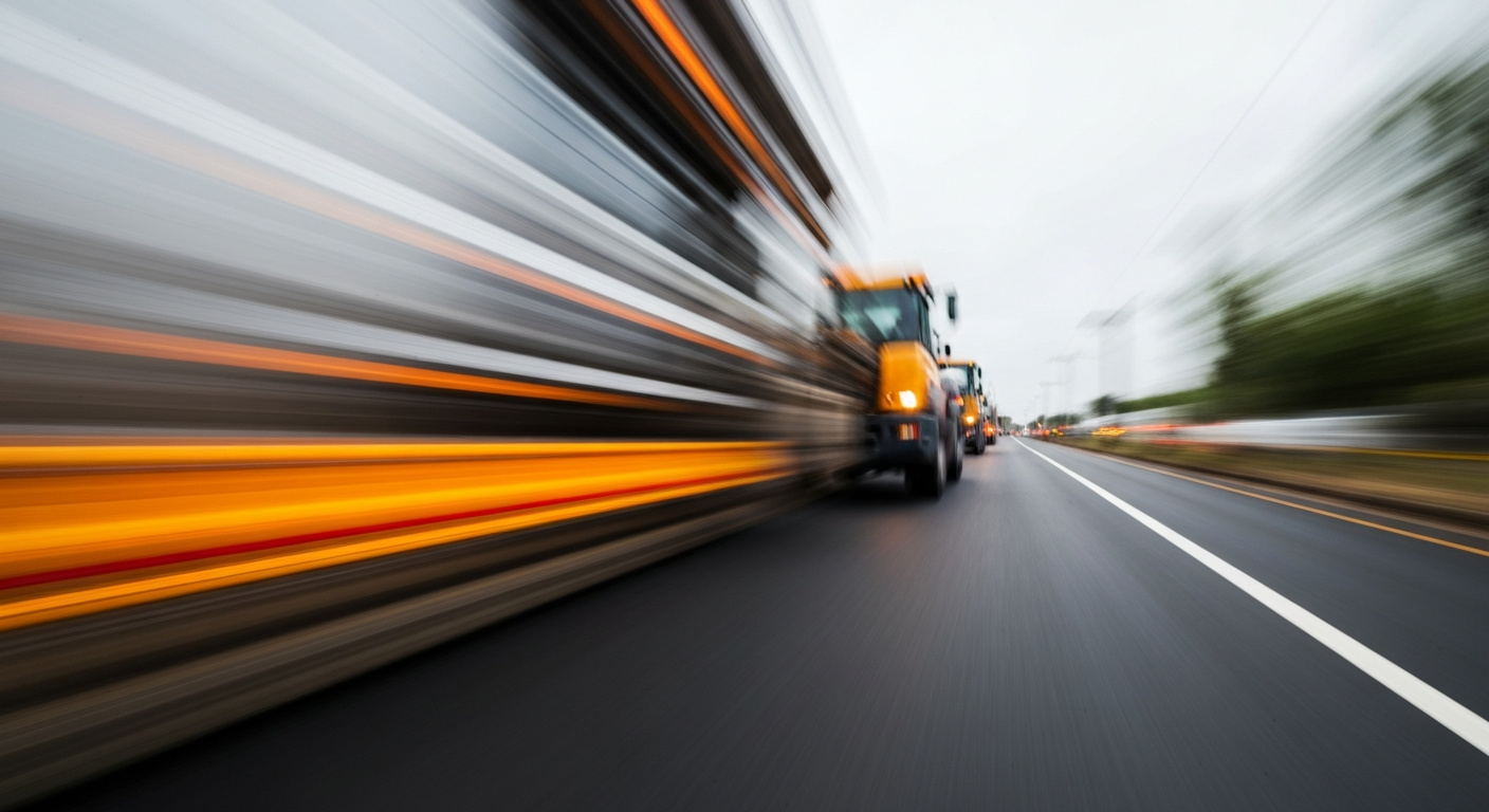 An abstract, blurred image of a construction vehicle or road crew in motion, with sweeping brushstrokes of bright colors conveying a sense of speed and energy around the roadwork project.