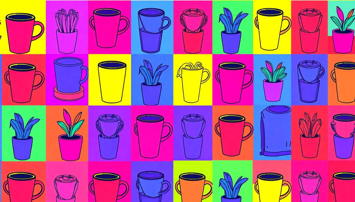 A brightly colored, high-contrast silkscreen print of a reusable shopping bag repeated in a tight grid pattern, conceptually representing the diverse array of local products and goods available at the Woodinville Market Fair.