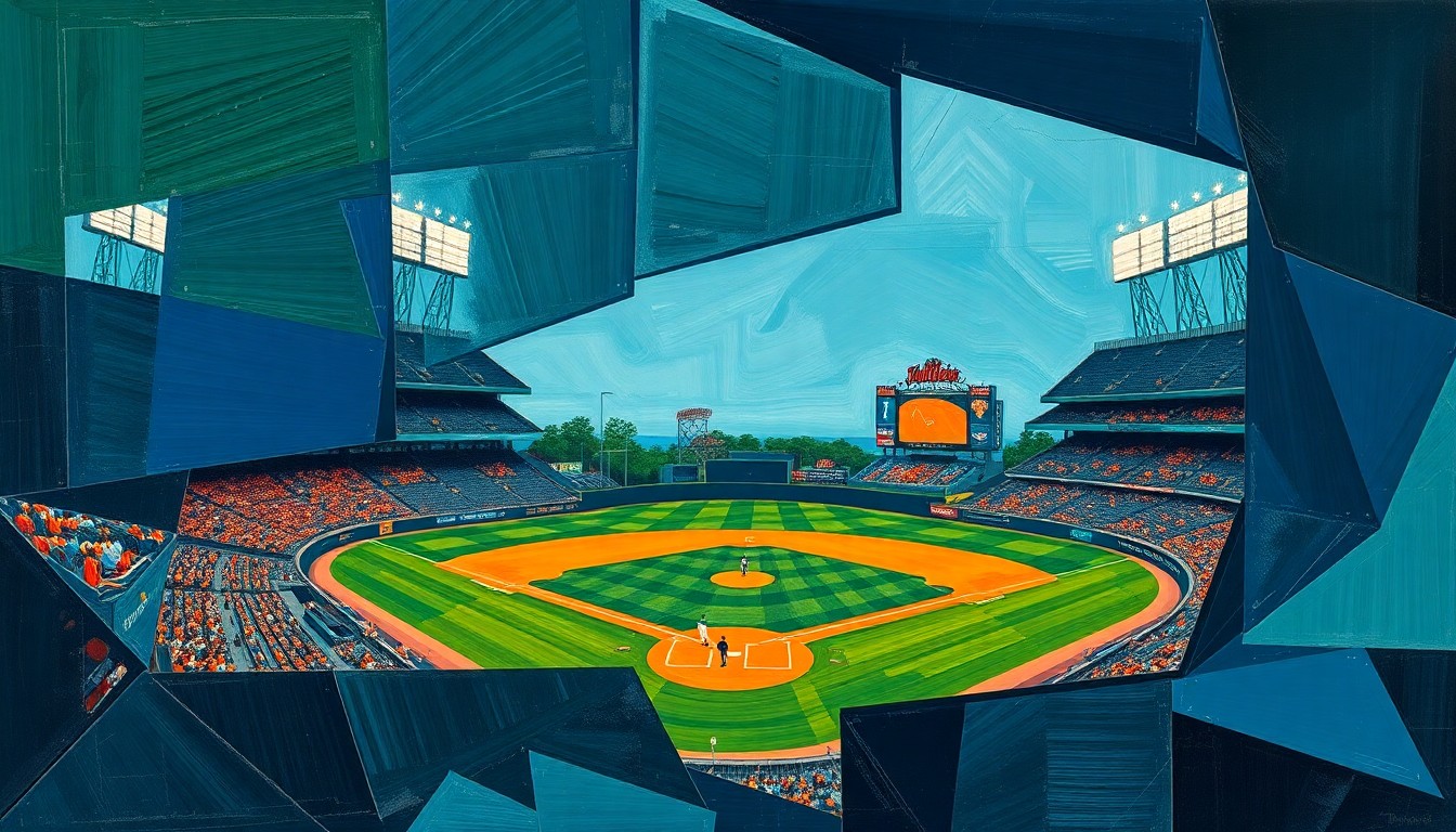 A cubist-style painting depicting the dynamic movements of minor league baseball players, with sharp geometric shapes and planes in a vibrant color palette.