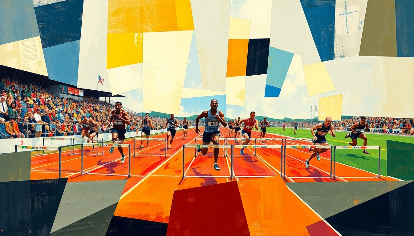 A cubist, geometric painting depicting overlapping planes of runners, hurdles, and field event equipment, capturing the energy and competition of the Manitou Classic track and field meet.