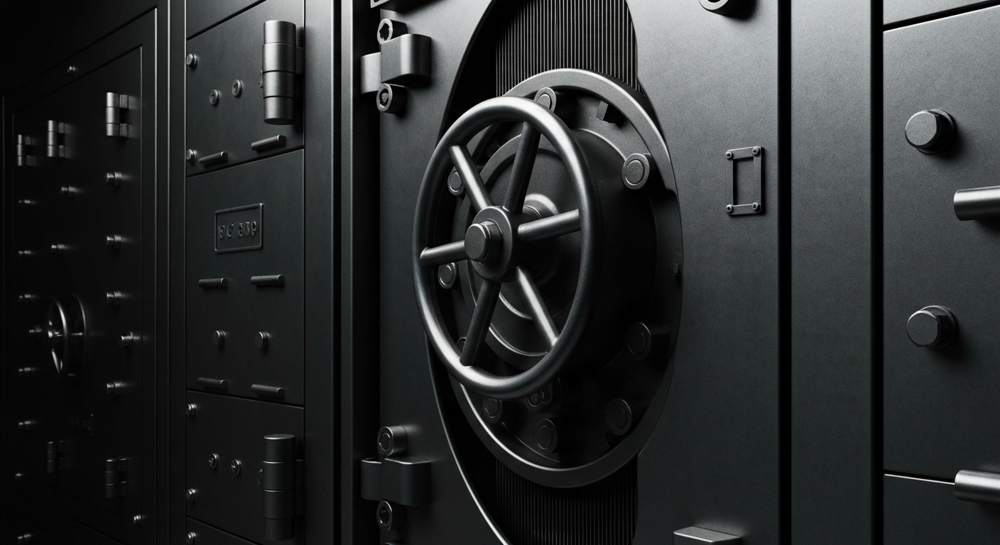 An extreme close-up of heavy, industrial banking machinery rendered in high-contrast black and white, conveying a sense of institutional strength and the physical weight of financial assets.