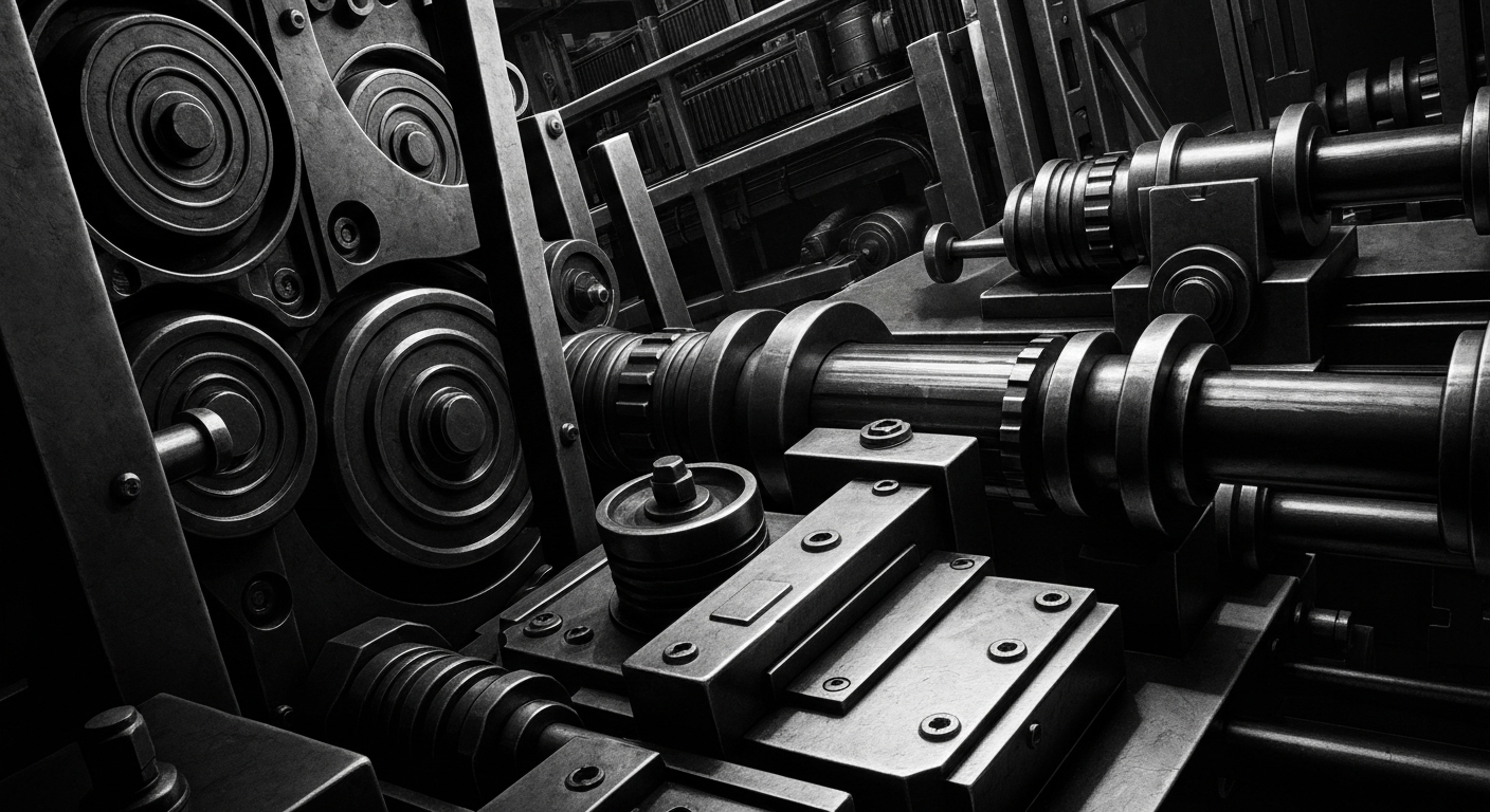 A high-contrast black and white close-up image of heavy, industrial banking machinery and infrastructure, conveying a sense of institutional power and economic stability through its visual metaphor.