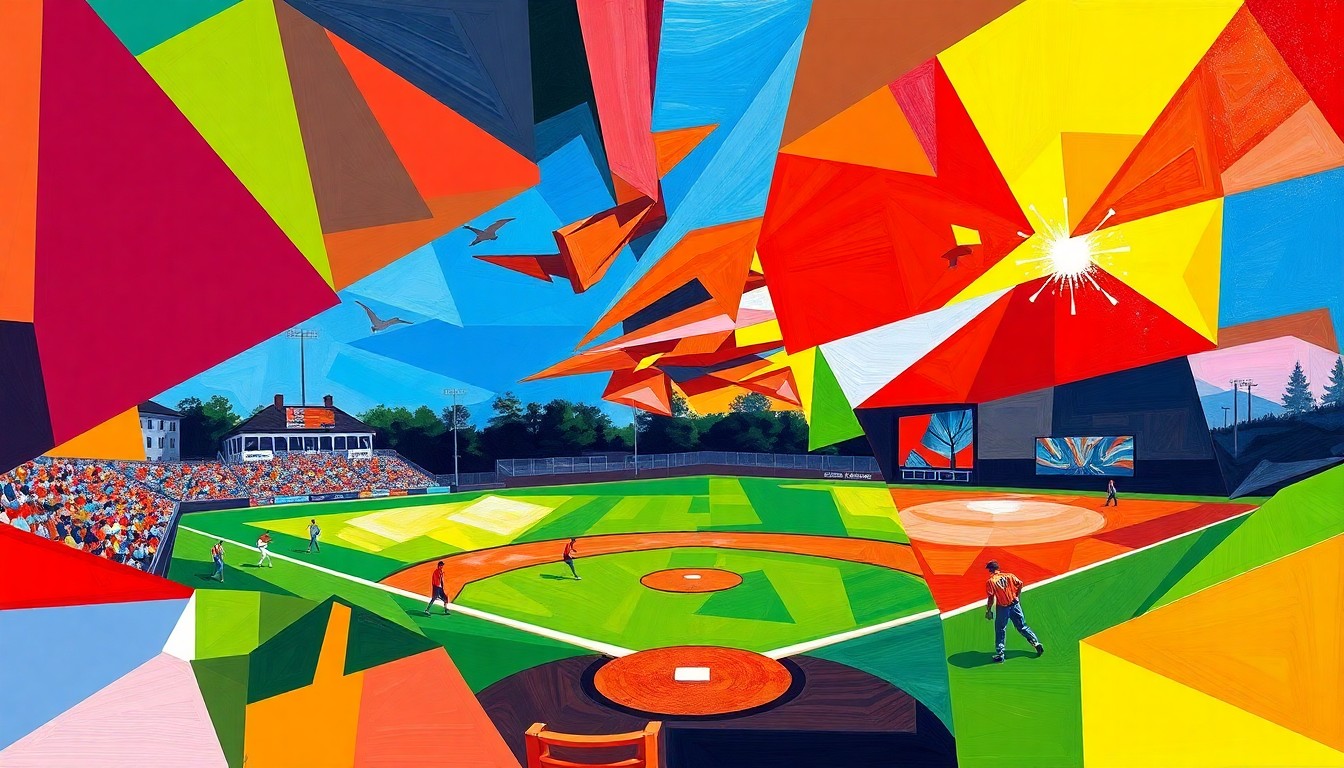 A cubist, geometric painting depicting a high school baseball game, with sharp, overlapping shapes in the team colors of Bonney Lake High School representing the dynamic action on the field.
