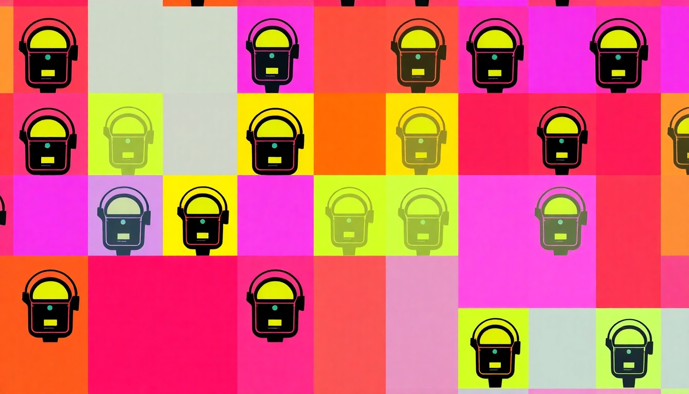 A high-contrast, silkscreen-style illustration featuring a repeating grid of stylized parking meter icons in bright neon colors, conceptually representing Bellevue's plan to implement paid on-street parking to manage demand.