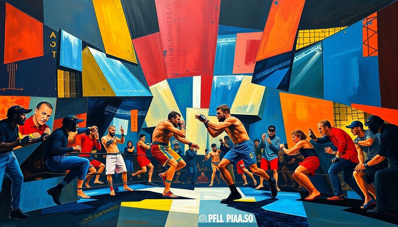 A fractured, cubist-style painting depicting the chaotic energy and multiple perspectives of a PFL fight, with sharp geometric shapes and planes in a vibrant color palette.