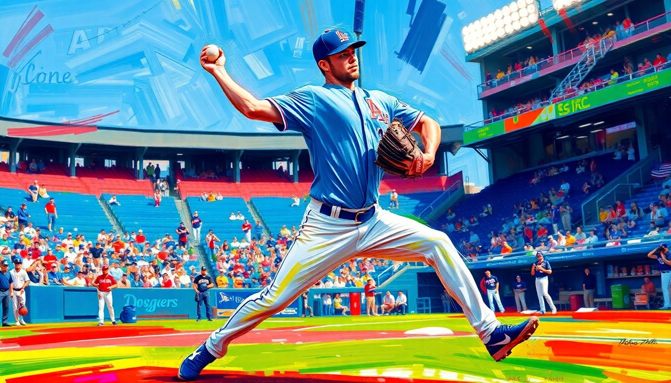 An abstract, energetic painting in neon colors depicting the explosive motion and raw power of a pitcher throwing a baseball, conceptually representing Blake Snell's return to the mound for the Los Angeles Dodgers.
