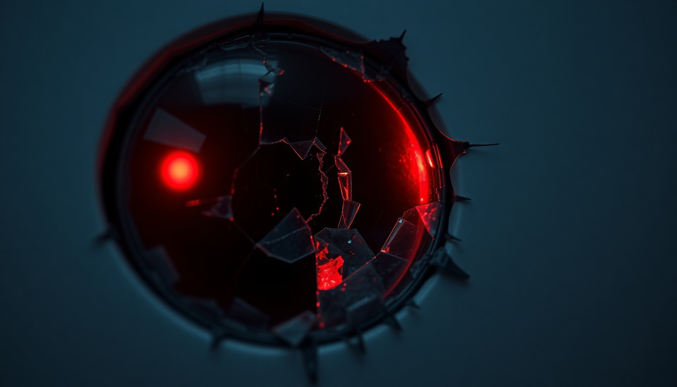 An extreme close-up of a shattered car sensor lens reflecting a faint red light, conceptually representing the violent aftermath of a crime incident in Las Vegas.