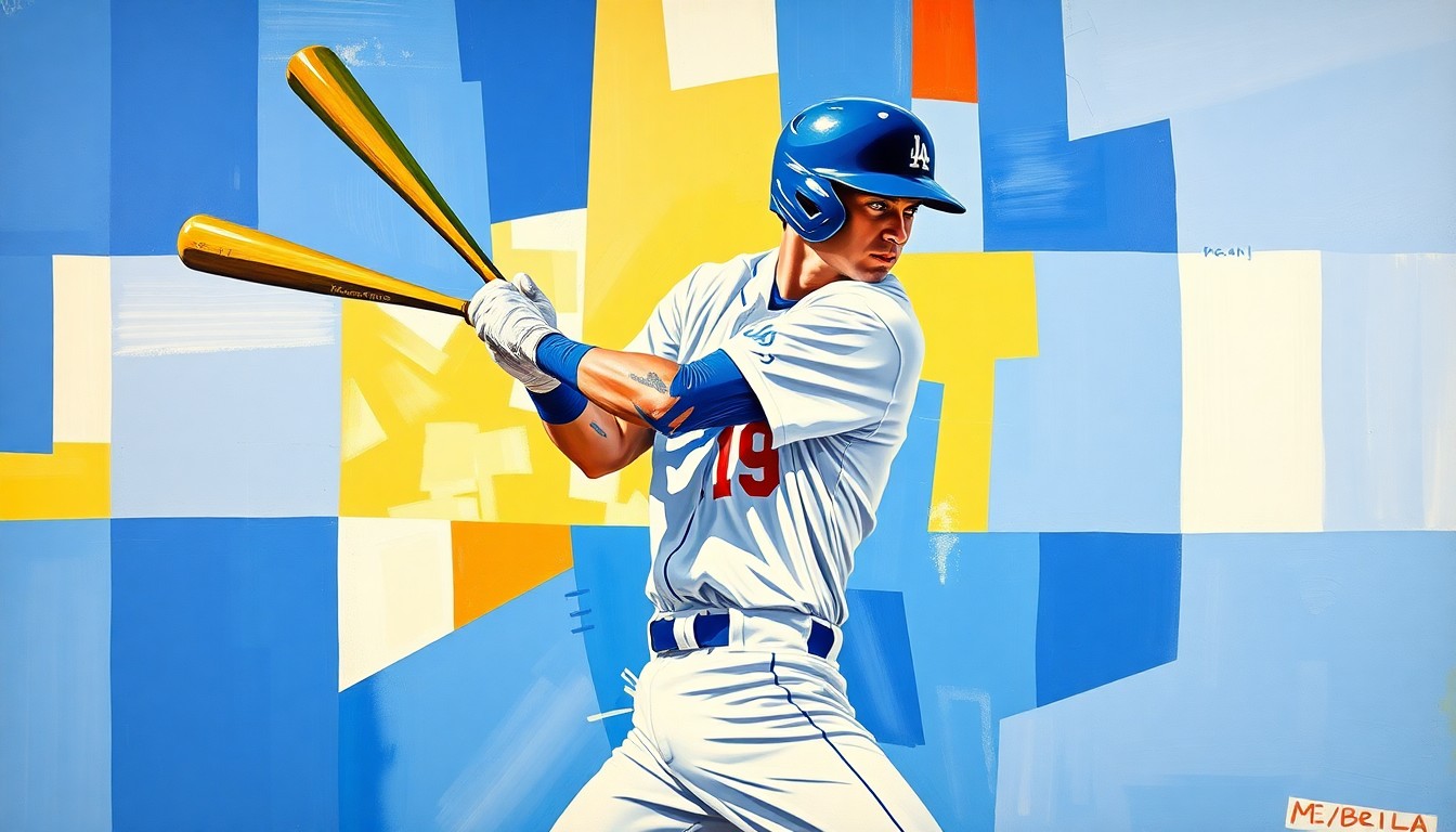 A fragmented, geometric painting depicting a baseball player's batting motion, with sharp planes of Dodger blue and white creating a dynamic, abstract composition.