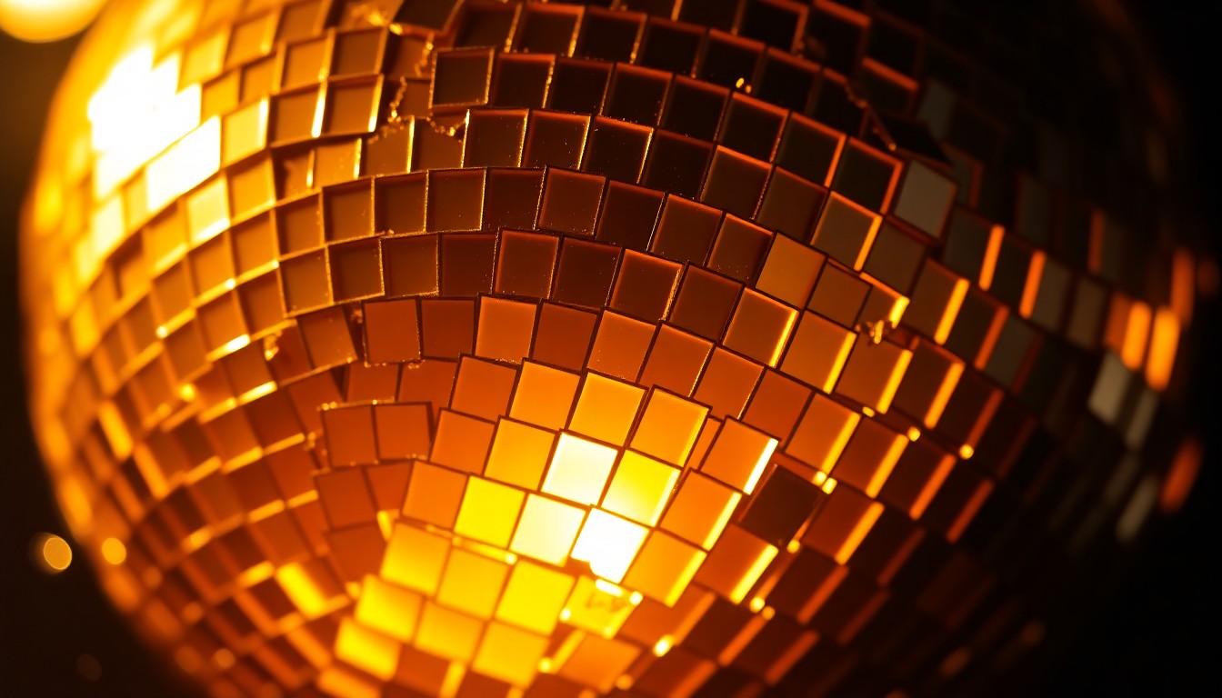 An abstract close-up photograph of shattered glass fragments from a disco ball, reflecting a warm, golden light and evoking the glitz and glamour of the music industry that Chris Rea navigated throughout his career.
