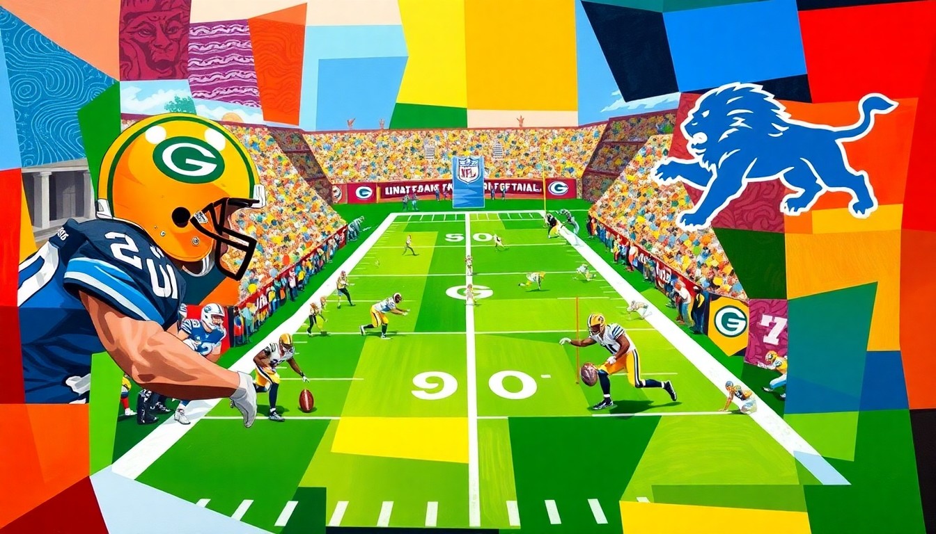 A fractured, multi-perspective painting in a cubist style, breaking down a football game between the Packers and Lions into sharp, overlapping geometric planes of vibrant colors representing the team uniforms and the energy of the game.