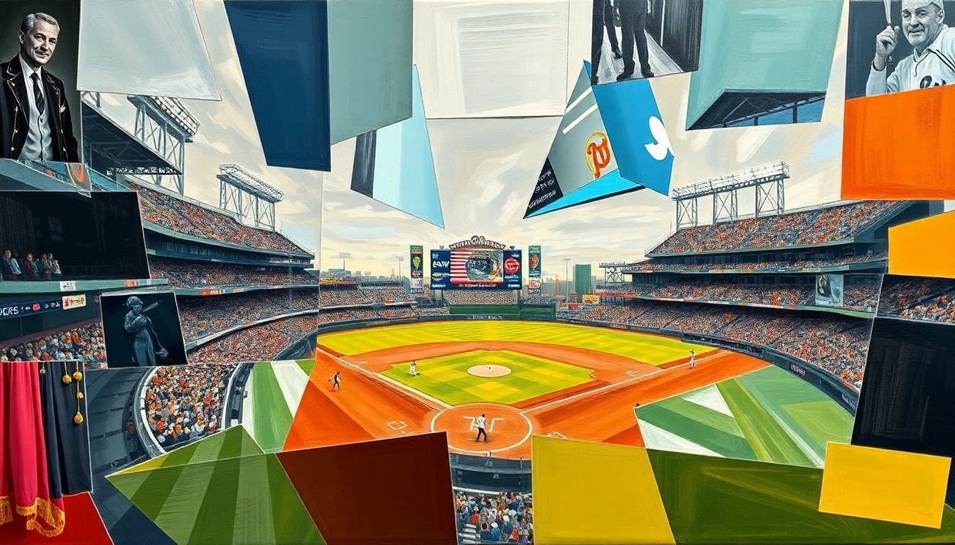 A fragmented, geometric painting depicting a baseball game or match, with sharp, overlapping shapes and planes representing the complexities of the Giants' early-season challenges.