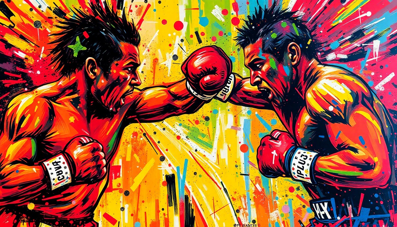 An extreme close-up of two boxers colliding in a blur of neon-colored paint strokes, conceptually illustrating the brutal impact and raw energy of a boxing match.
