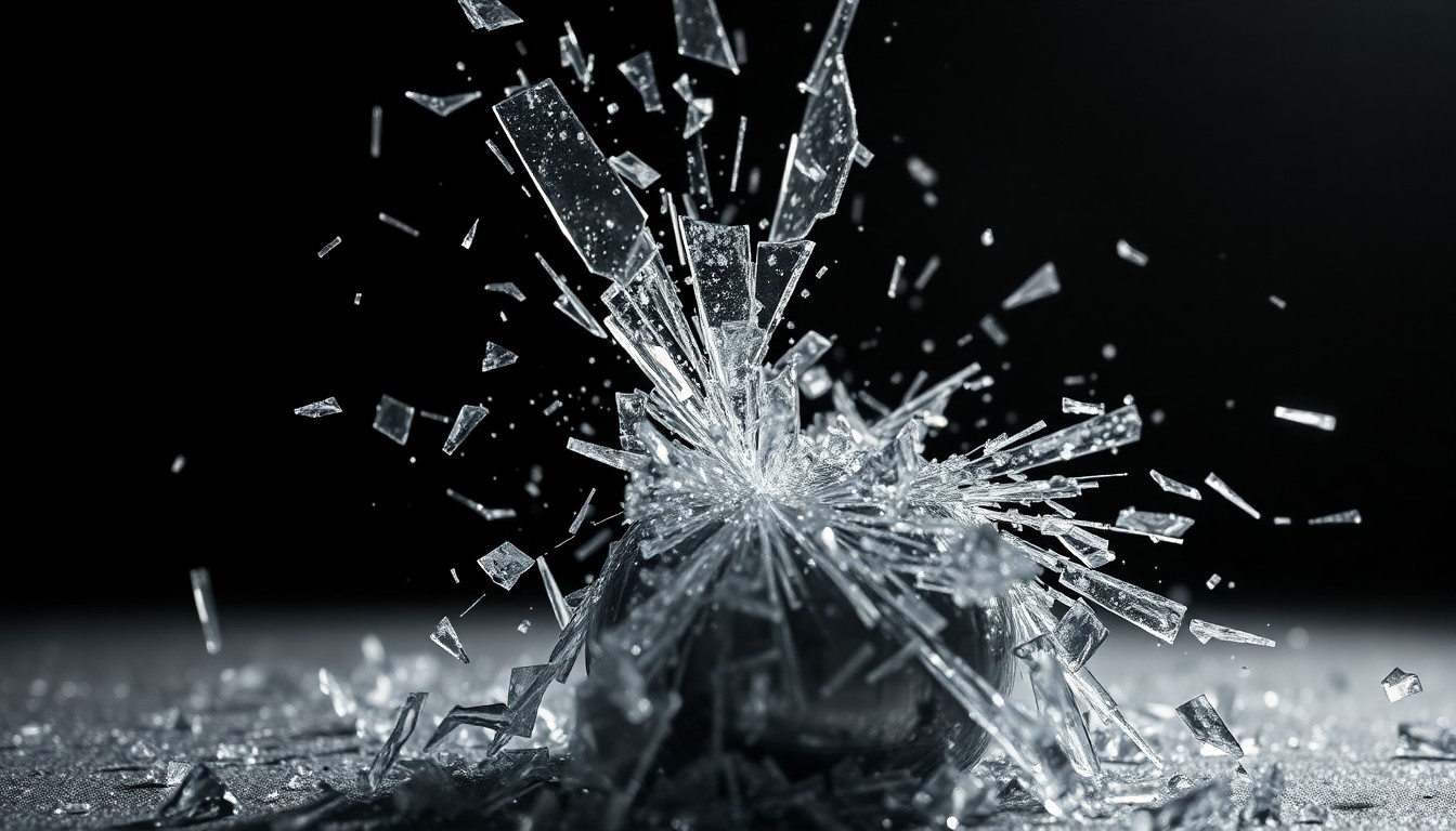 An extreme close-up of shattered, glittering glass reflecting dramatic studio lighting, conveying a sense of fragility and chaos inherent in superhero origin stories.