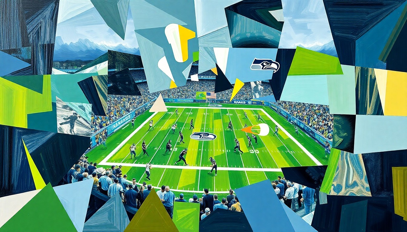 A cubist-style painting depicting a fragmented, geometric representation of a Seattle Seahawks football game, with sharp planes of color and overlapping shapes conveying the complex emotions and implications of the team's sale announcement.