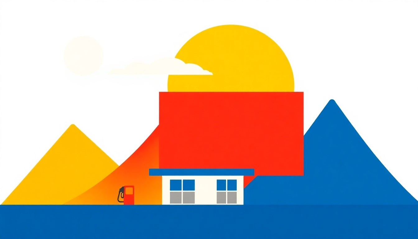 A vibrant abstract composition of intersecting triangles and circles in shades of blue, red, and yellow, conceptually representing the complex forces driving the surge in gas prices in Washington state.