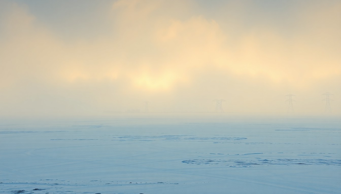 A vast, frozen landscape painting in muted tones of white, grey, and blue, with a distant power substation barely visible through the heavy fog, conveying the overwhelming scale of the natural environment and the vulnerability of the electrical grid.