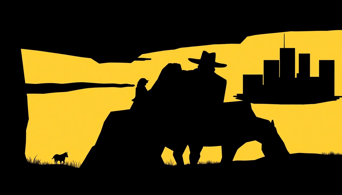 An abstract, minimalist illustration featuring stark, jagged geometric shapes and heavy black silhouettes, conceptually representing the contrasting rural and urban settings in the TV series 'The Madison.'