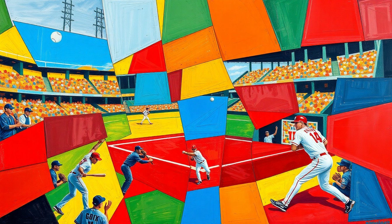 A cubist-style painting depicting fragmented, overlapping geometric shapes and planes in vibrant colors, representing the dynamic action and competition of a baseball game or players.