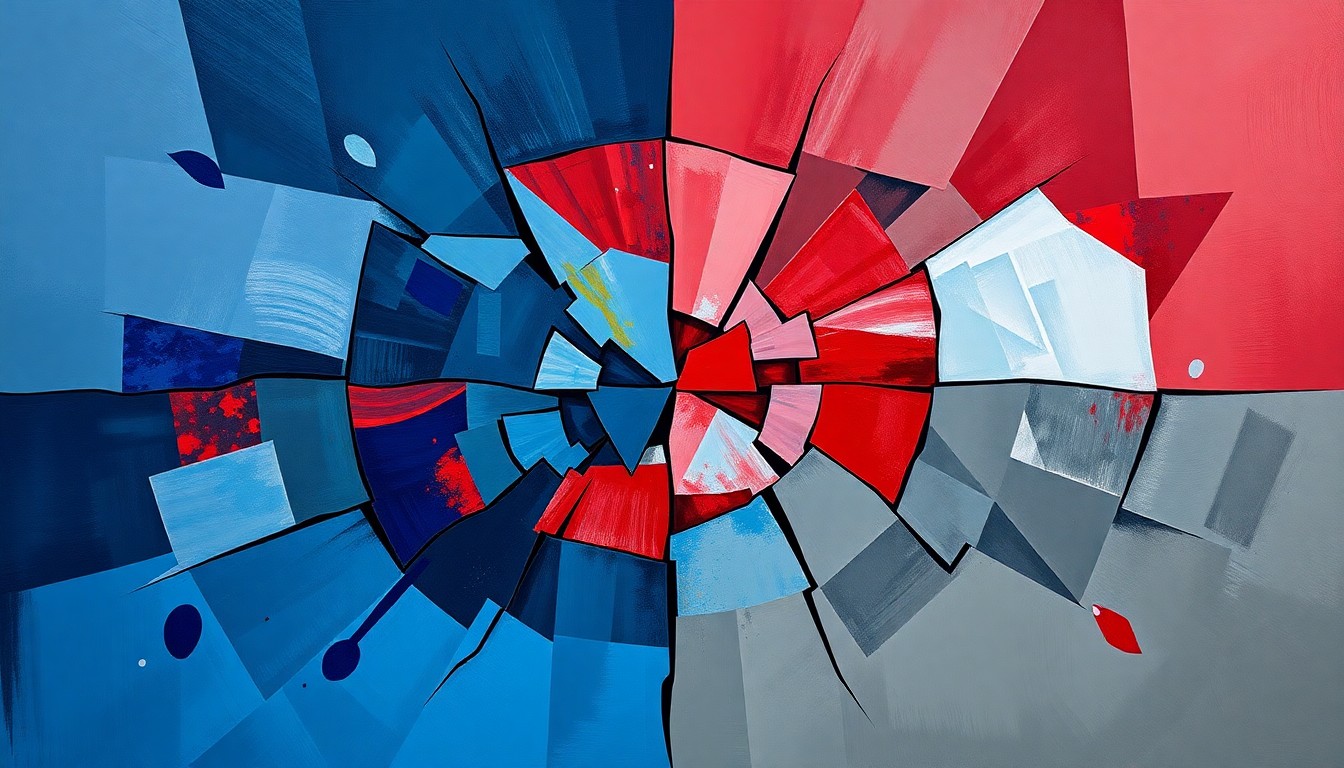 A dynamic, abstract painting in shades of blue, red, and grey, with overlapping geometric shapes and lines conveying the chaotic nature of the partisan debate over healthcare policy.