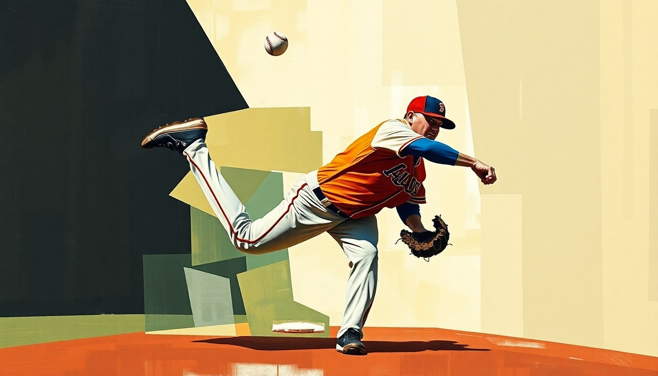 A cubist-style painting depicting a baseball pitcher's motion broken down into geometric shapes and planes, conveying the complexity and fragility of a professional athlete's career.