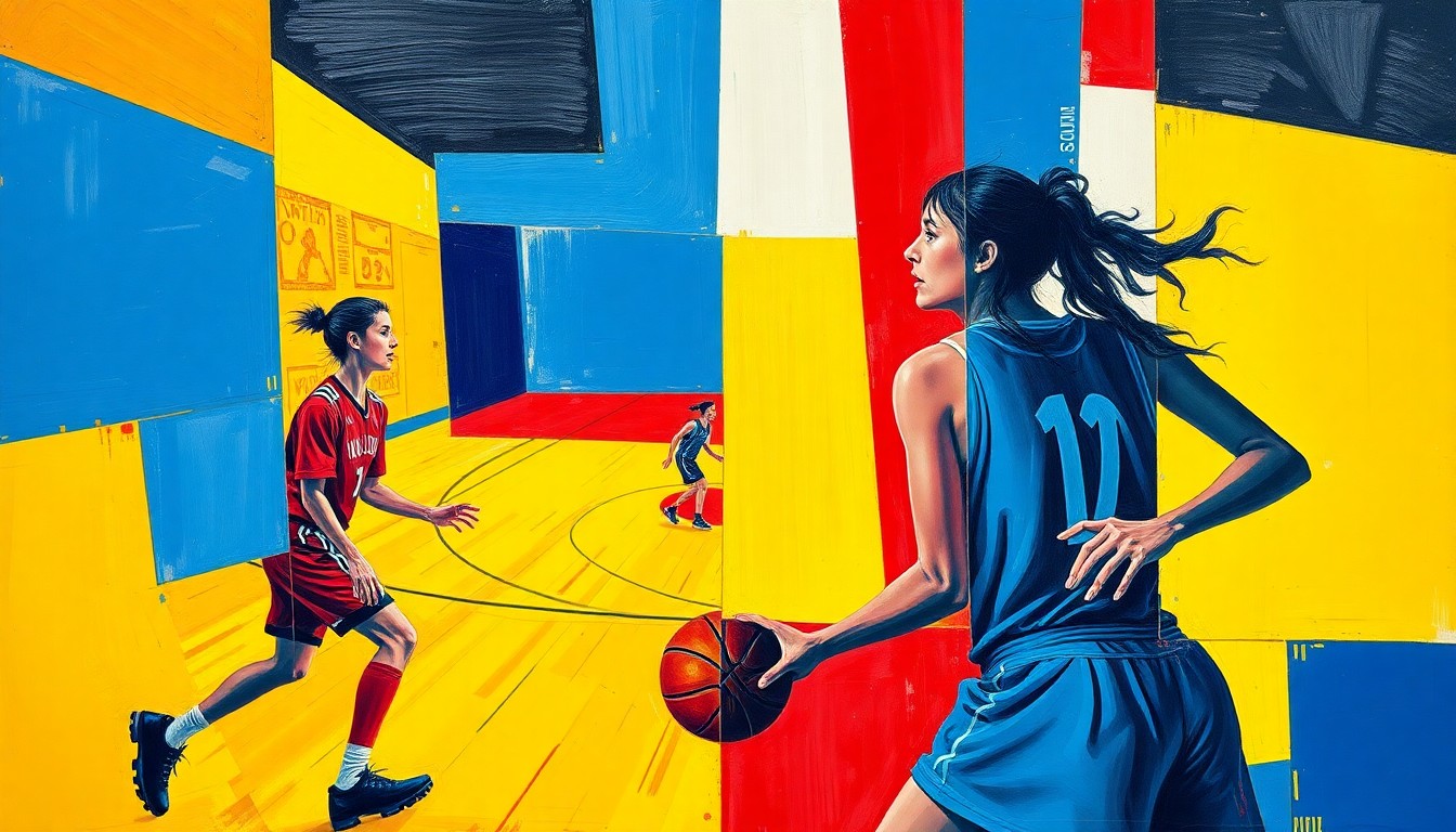 A fractured, multi-perspective painting depicting a basketball game between two players, their movements and actions broken down into sharp, overlapping geometric shapes and planes in vibrant colors, capturing the raw energy and competitive spirit of the sport.