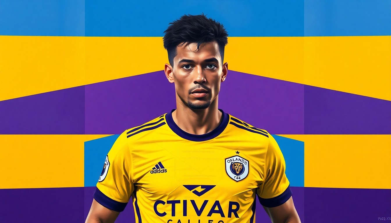 A cubist, geometric illustration depicting an Orlando City soccer player in their new 2026 away kit, with a vibrant yellow jersey, purple accents, and a subtle lion face graphic.