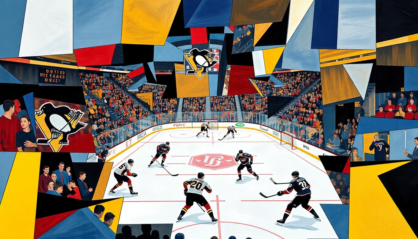 A cubist-style painting depicting a hockey game between the Pittsburgh Penguins and Washington Capitals, with the players' movements and the crowd's energy expressed through sharp, overlapping geometric shapes and planes of color.