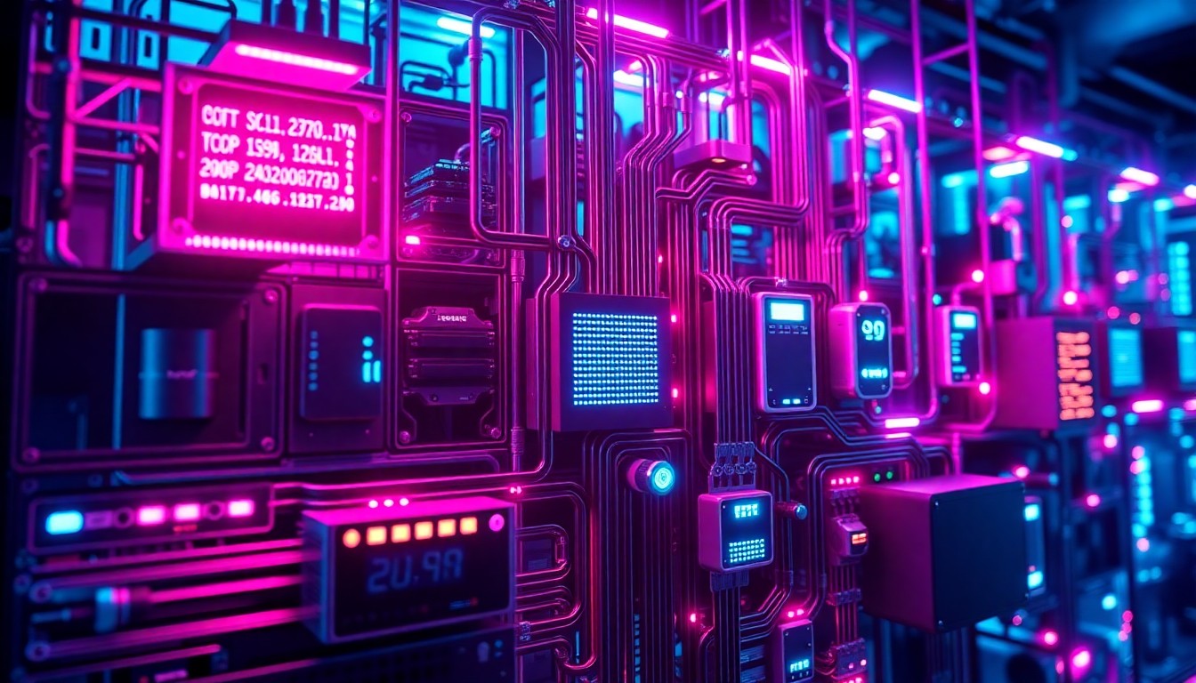 A highly detailed, glowing 3D illustration of a complex cybersecurity infrastructure system, with various interconnected hardware components and circuits illuminated by vibrant neon lights, conceptually representing the transformative role of AI in the field of cybersecurity.