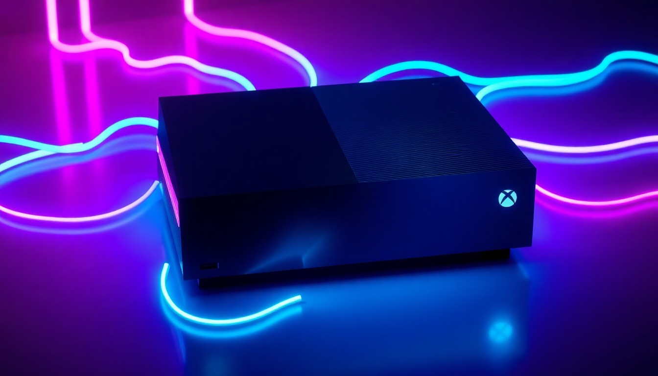 A visually striking 3D illustration depicting an Xbox Series X console glowing with neon cyan and magenta lights, symbolizing the integration of physical gaming hardware and cloud-based gaming services.