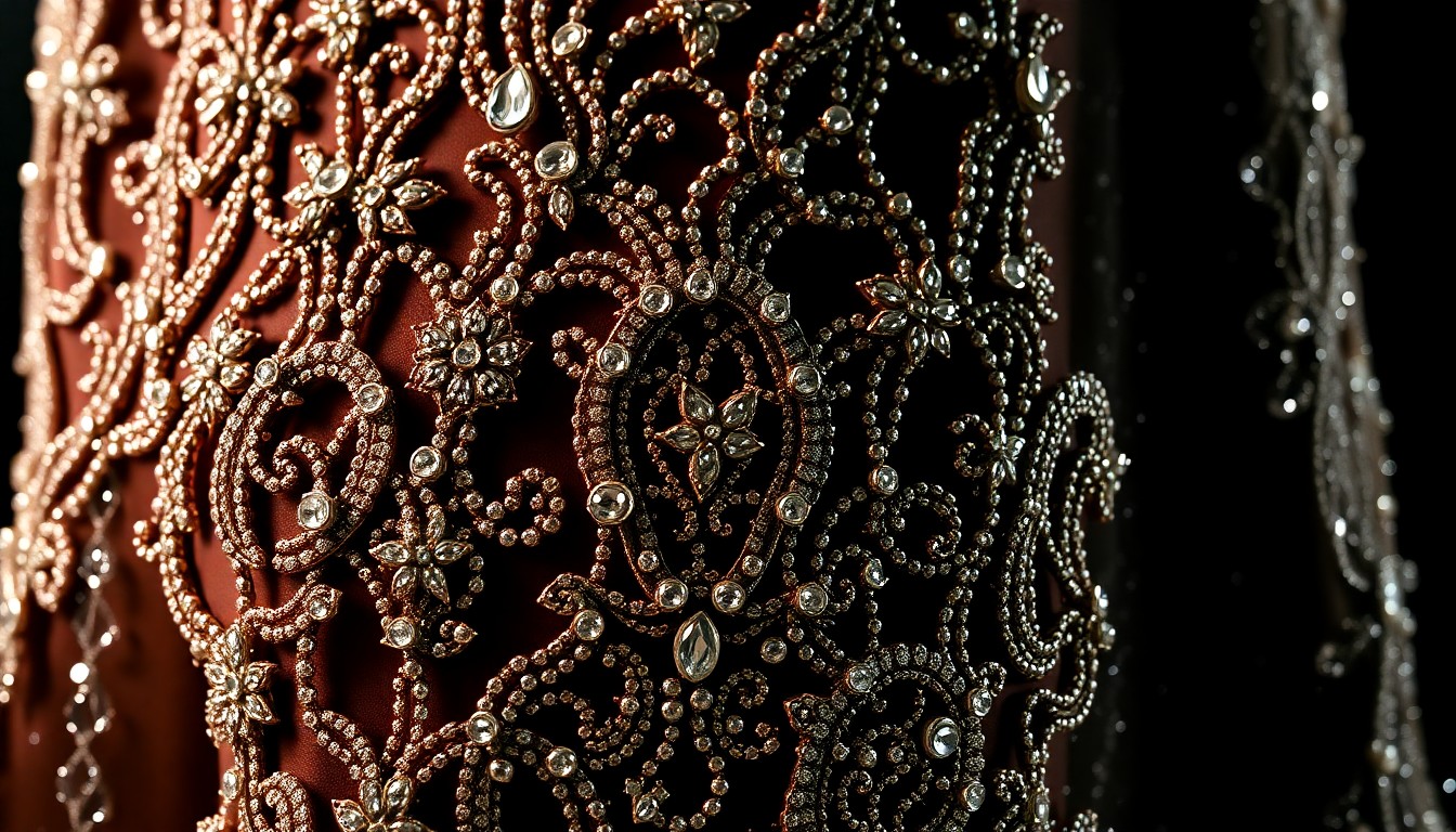 An extreme close-up of the intricate beading and shimmering fabric textures of Emma Stone's Oscars 2026 red carpet gown, captured in dramatic, high-contrast studio lighting to create a glitzy, high-fashion aesthetic.