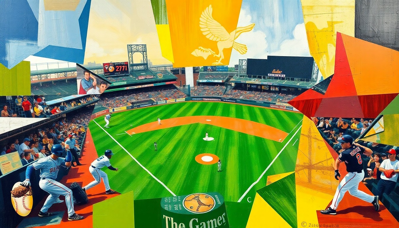 A fractured, multi-perspective painting in the style of Pablo Picasso, breaking down a baseball game into sharp, overlapping geometric planes of vibrant colors and dynamic shapes, conveying the energy and movement of the sport.