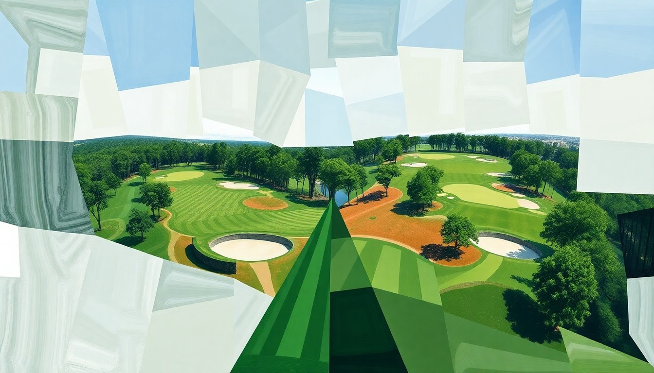 A cubist, geometric painting depicting the 13th and 15th holes at Augusta National Golf Club, with sharp, overlapping planes representing the complex risk-reward decisions players must make on the lengthened par 5 holes.