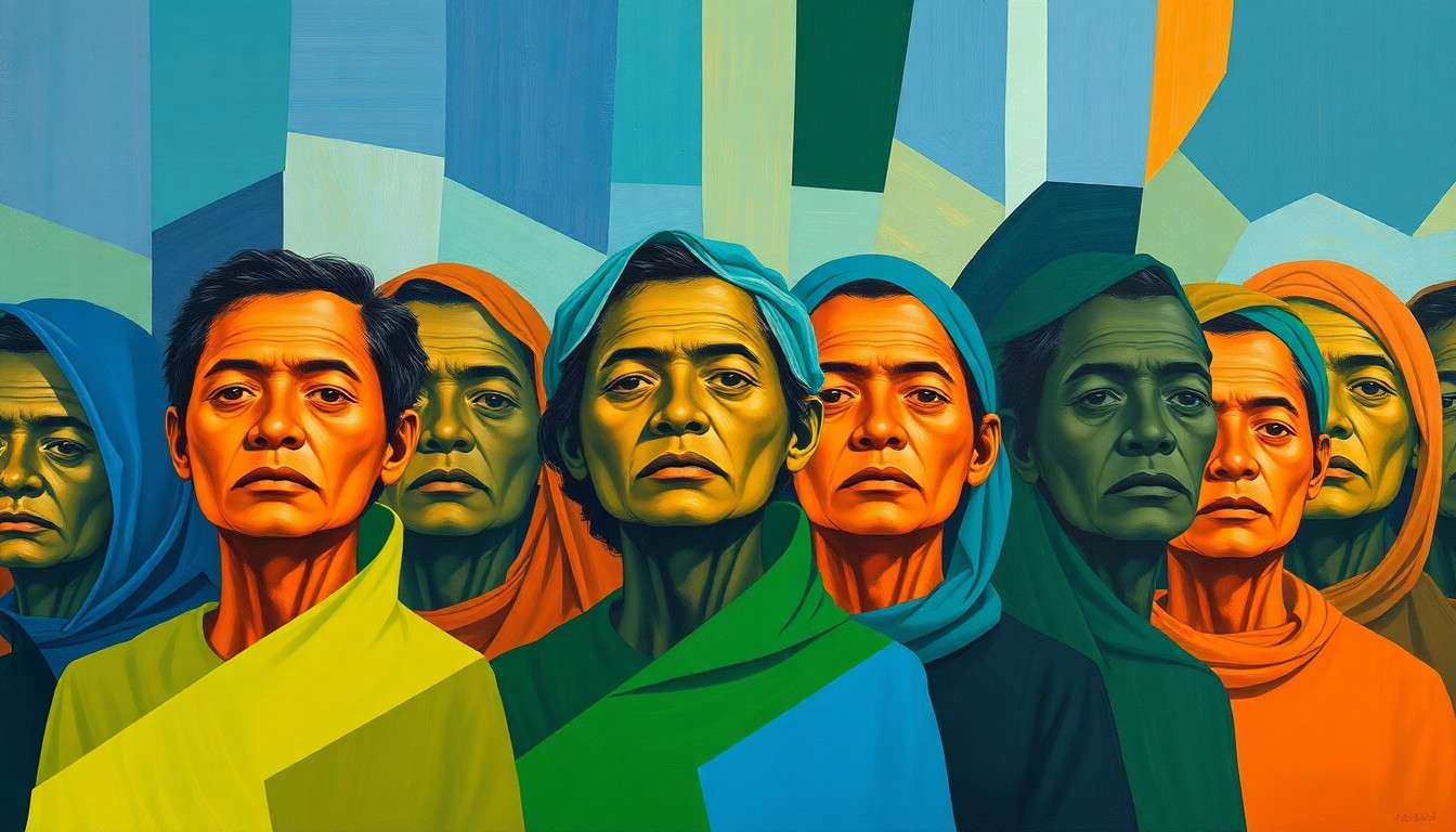 An abstract, fragmented painting in bold colors depicting a group of faceless migrant workers, conveying the disruption and uncertainty caused by the proposed changes to UK immigration policies.