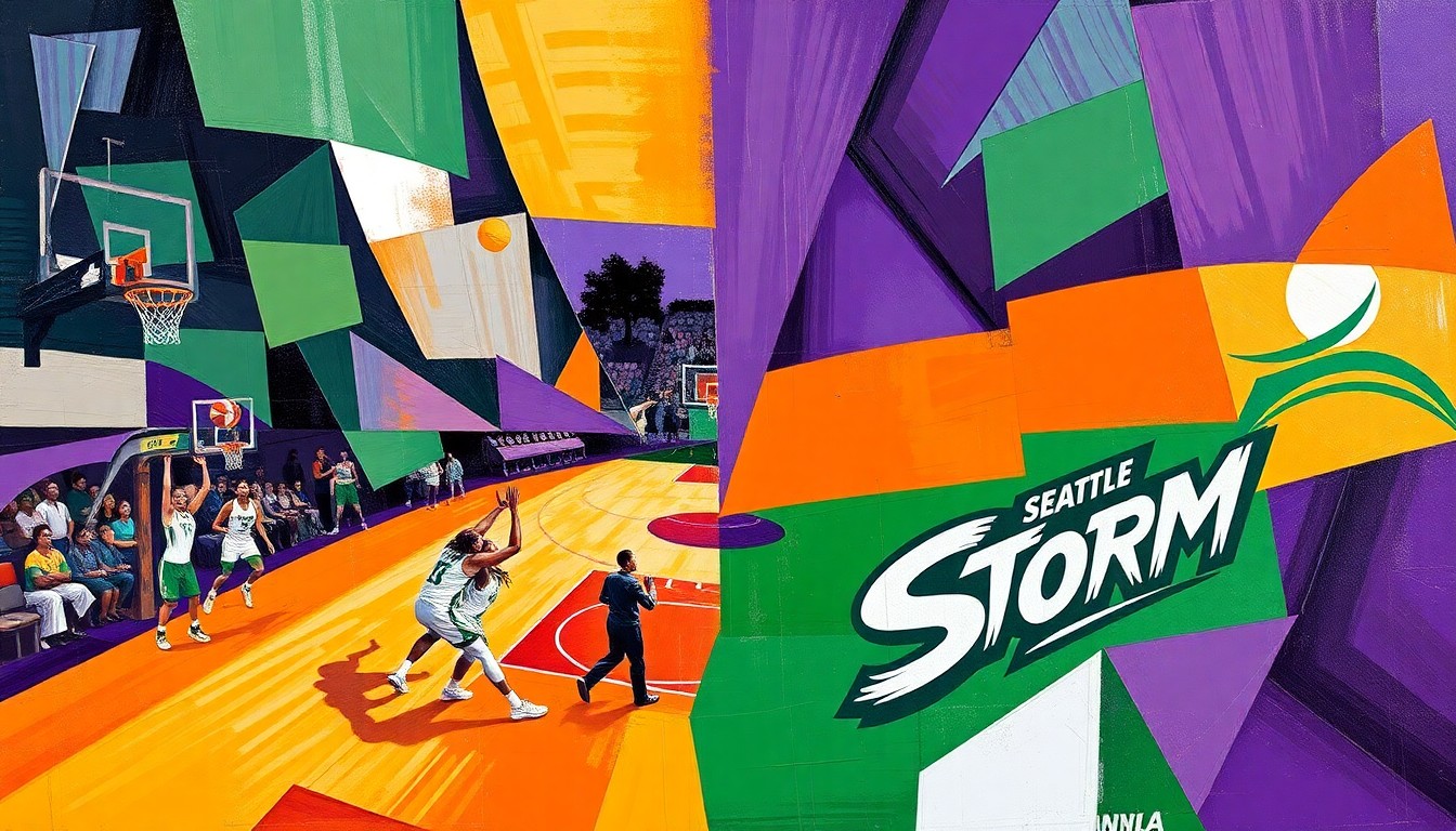 A fractured, geometric painting depicting a basketball game or match, with sharp, overlapping planes of purple, orange, green, and white, representing the Phoenix Mercury and Seattle Storm teams and their intense competition on the court.