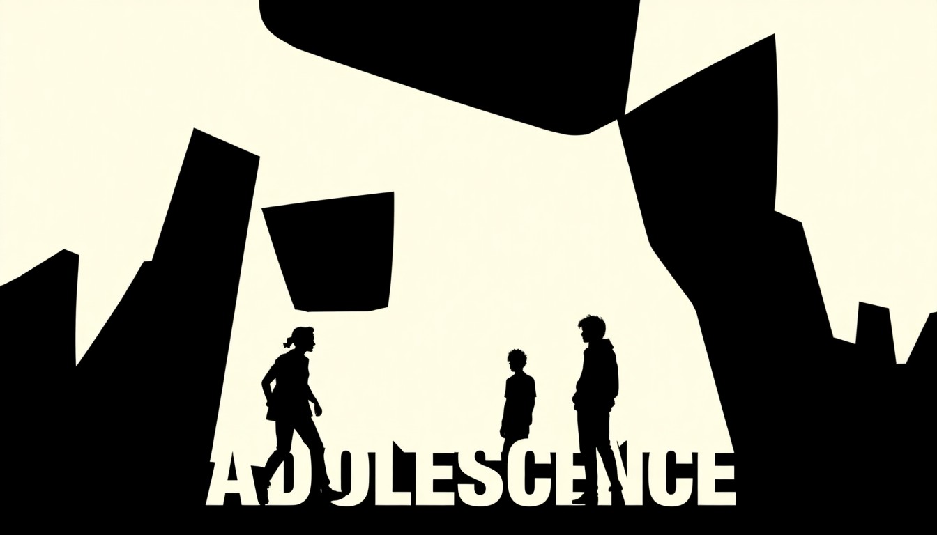 A striking, abstract illustration featuring bold, geometric shapes and silhouettes in high-contrast colors, conceptually representing the Netflix series Adolescence and its dominance in the RTS Programme Awards 2026 nominations.