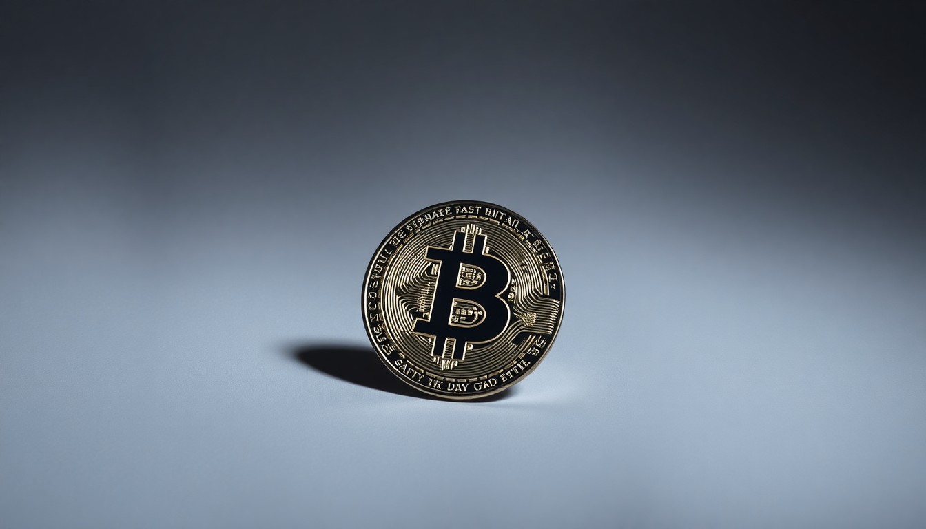 A photorealistic studio shot of a single, polished metal Bitcoin coin resting on a clean, monochromatic background, conceptually representing the abstract challenges of managing cryptocurrency as a national asset.