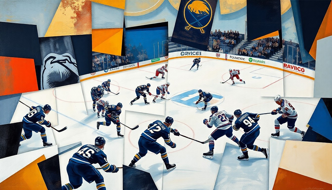 A cubist, geometric painting depicting a hockey game between the Buffalo Sabres and New York Rangers, with the players and action broken down into abstract shapes and planes, capturing the intensity and dynamics of the match.