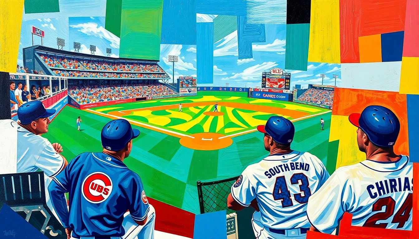 A fragmented, geometric painting depicting a baseball game, with the vibrant colors of the teams' uniforms breaking down into overlapping planes and shapes.