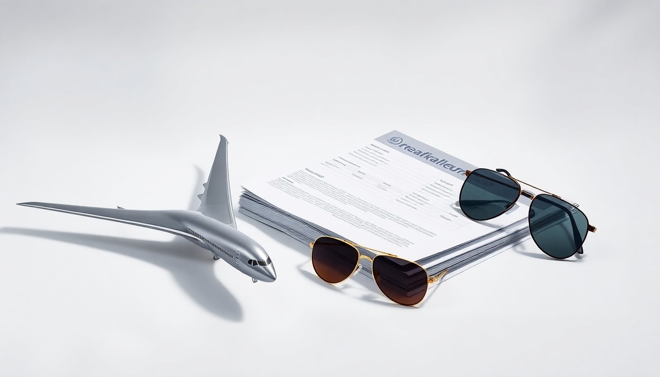 A photorealistic studio still life featuring a polished metal Boeing 787 Dreamliner model, a stack of financial reports, and a pair of aviator sunglasses arranged elegantly on a clean, white background, symbolizing the abstract concepts of corporate strategy, finance, and aviation in the aerospace industry.