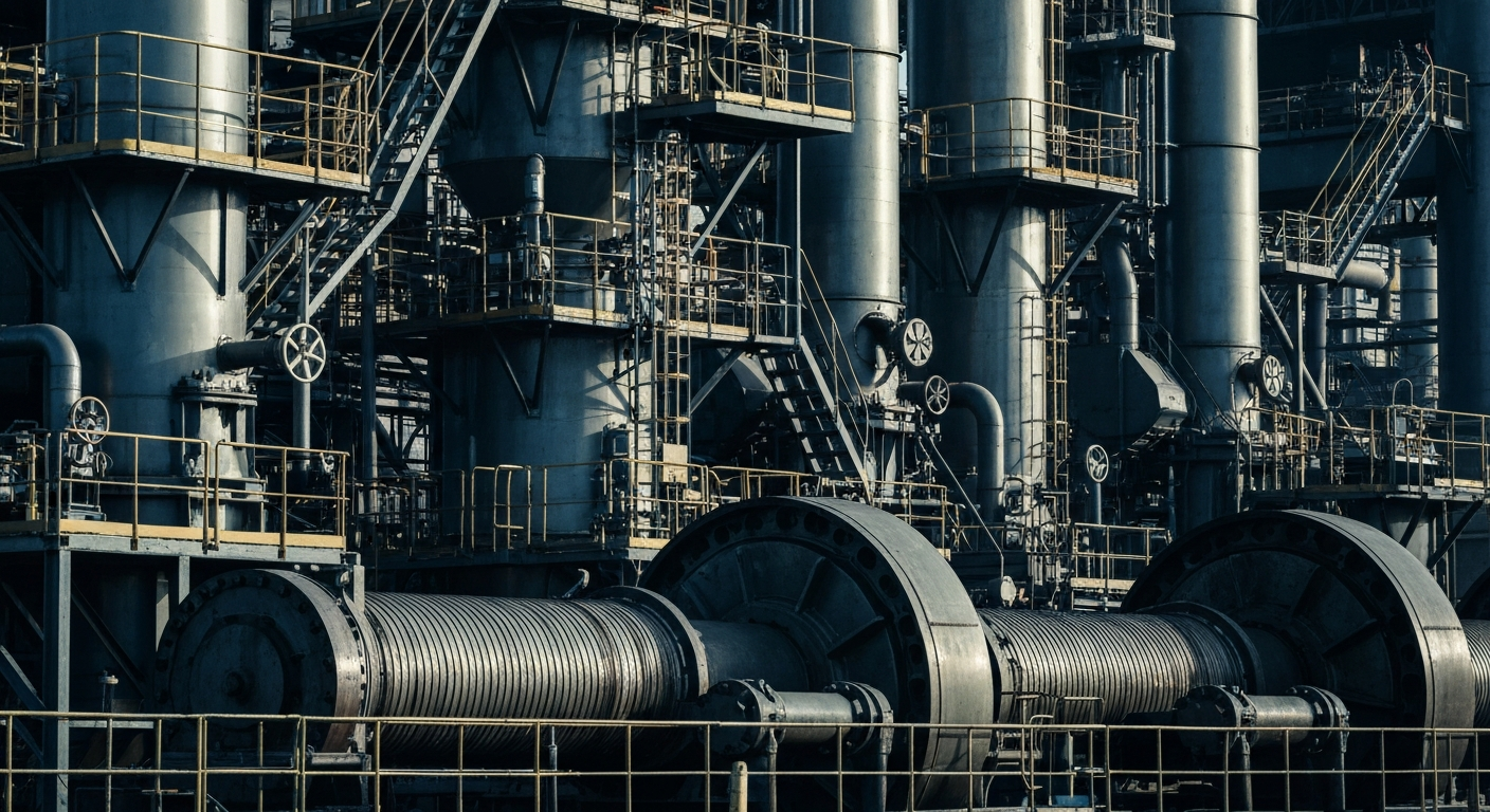 An extreme close-up of industrial machinery and equipment used in rare earth element processing, conveying the scale and complexity of this critical infrastructure.