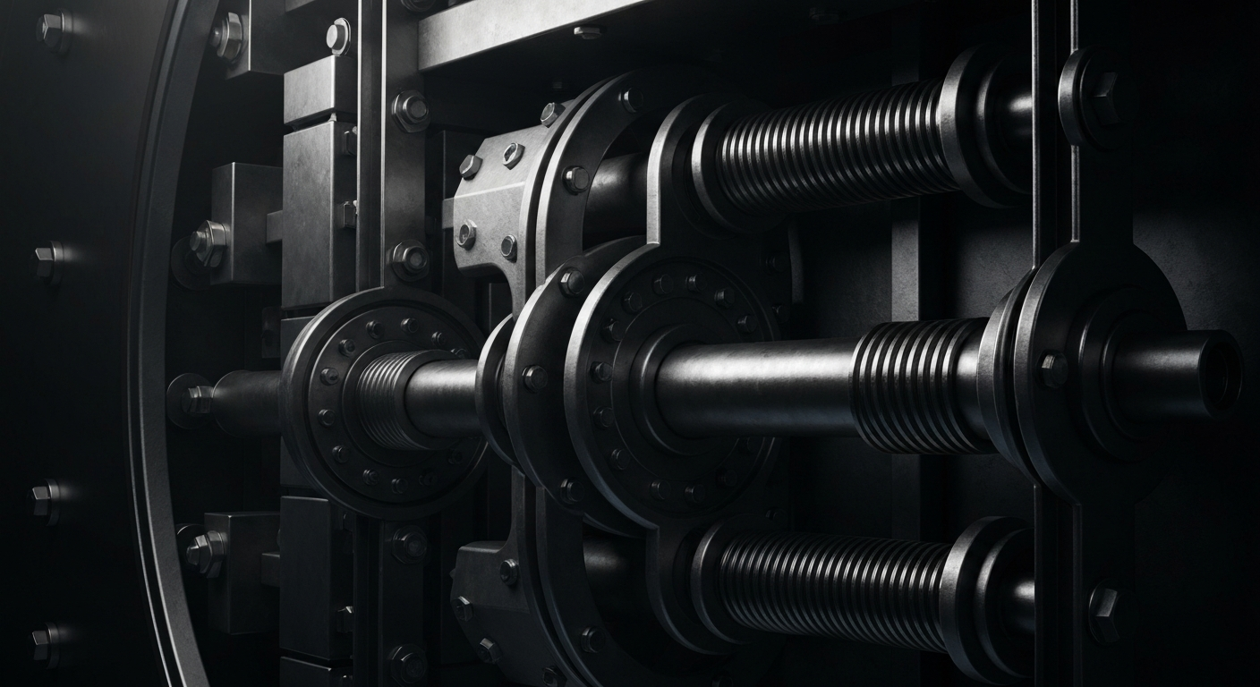 An extreme close-up of the intricate, heavy machinery and mechanisms inside a bank vault, conveying the secure, industrial nature of global finance.