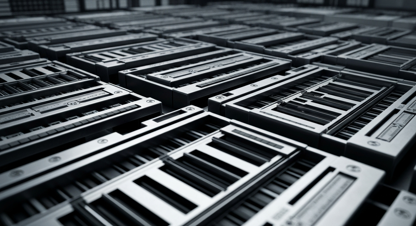 An extreme close-up of a tangle of metallic gears, circuits, and cooling systems, conveying the robust, industrial nature of the financial technology that enables modern banking and investment.