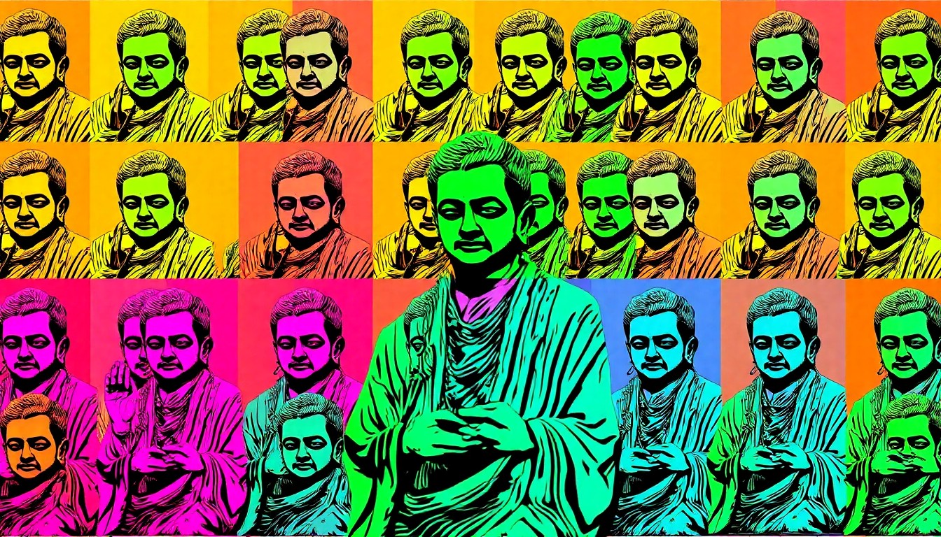 A bold, colorful silkscreen-style illustration featuring multiple repeating images of the bronze Swami Vivekananda statue in downtown Seattle, conceptually representing the statue's prominent public placement and the city's embrace of diverse global figures.