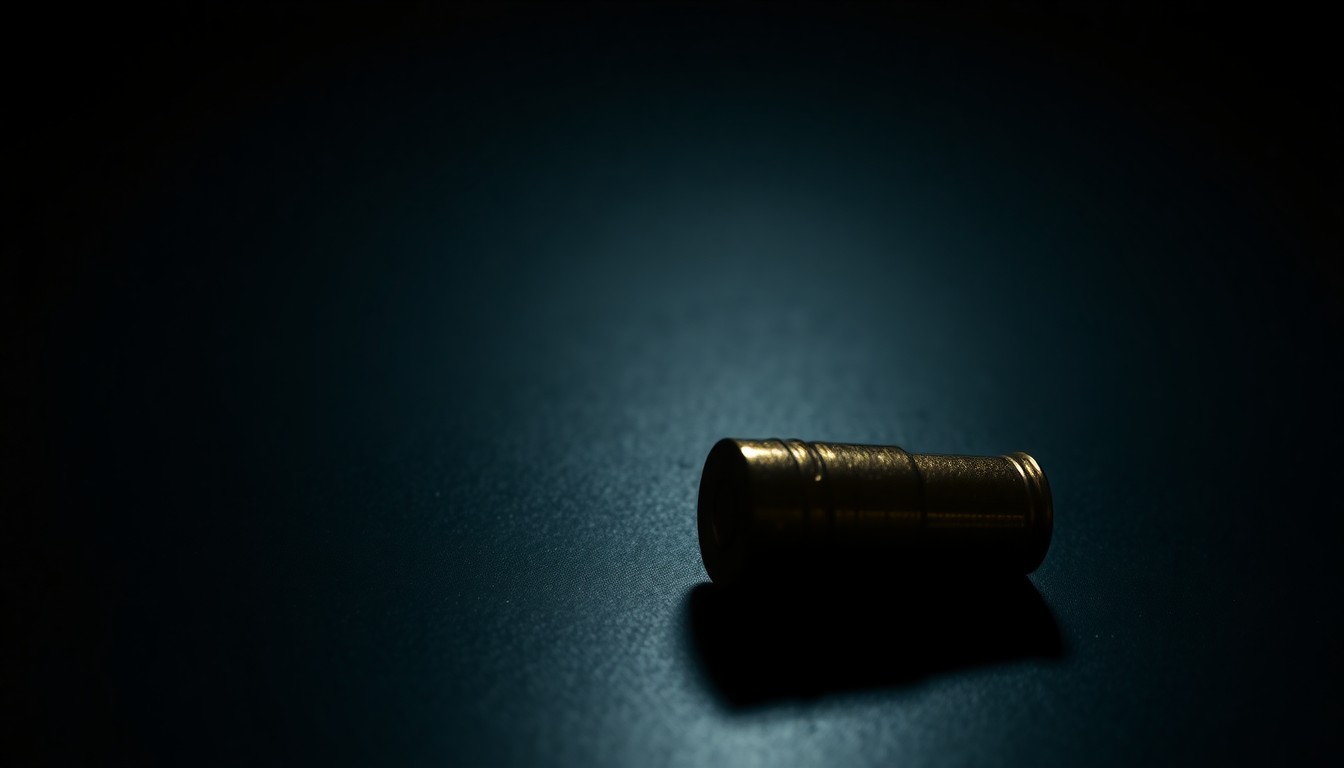An extreme close-up photograph of a single bullet casing on a dark surface, lit by a harsh, direct camera flash, conceptually representing the aftermath of a shooting incident.