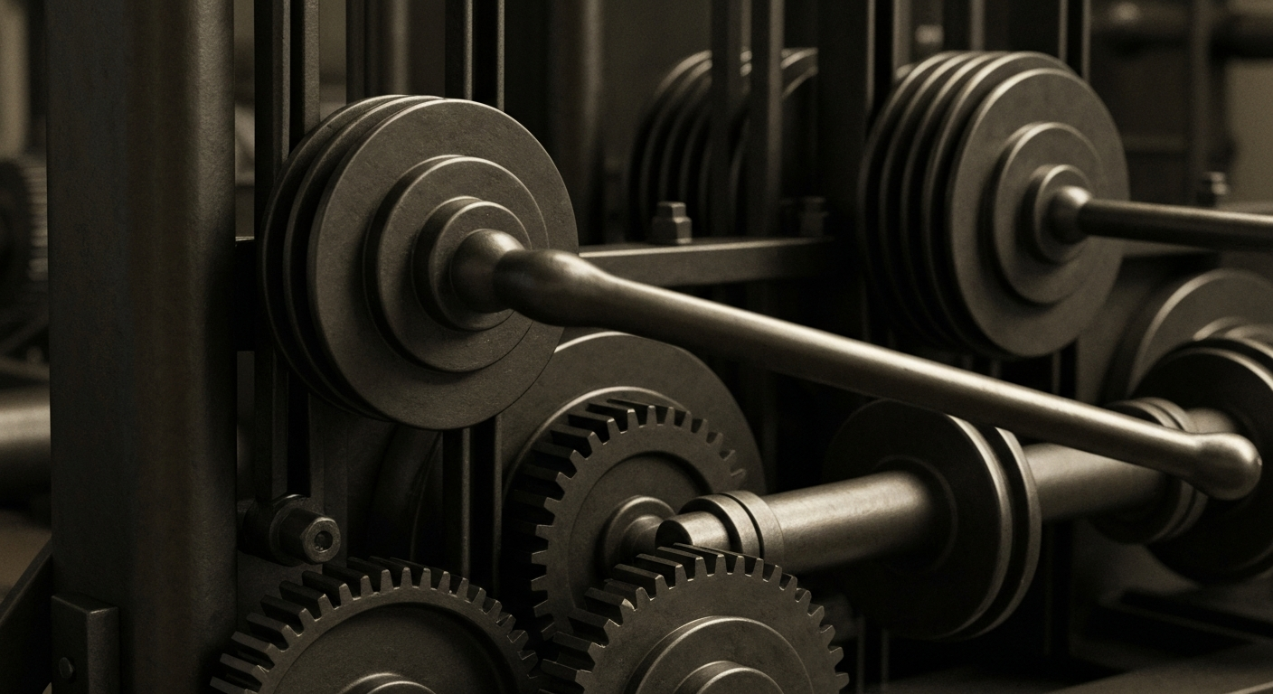 A highly detailed, black-and-white close-up image of the intricate mechanical components that make up the infrastructure of the financial system, conveying a sense of the hidden complexity and industrial might behind the world of banking and investments.