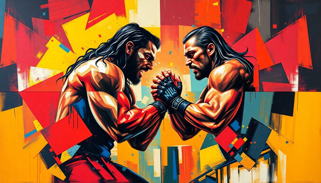 A fragmented, geometric painting depicting the action and drama of a wrestling match, with sharp planes of color and overlapping perspectives conveying the high-stakes confrontation between the two competitors.
