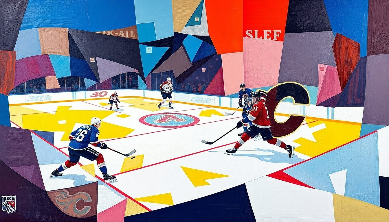 A fragmented, geometric painting in vibrant blues, reds, and greens, depicting the action and movement of a hockey game or match from multiple perspectives, conveying the fast-paced and competitive nature of the sport.
