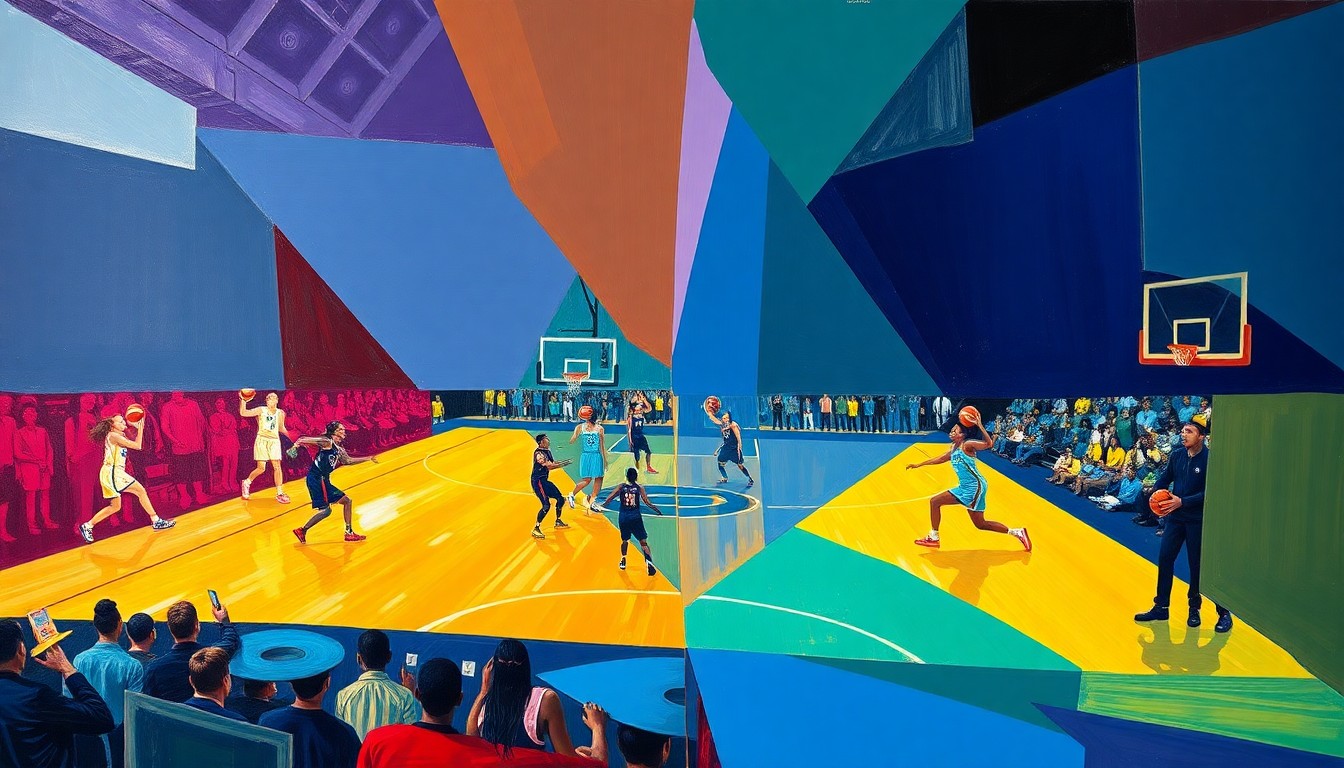 A fractured, cubist-style painting depicting an abstract basketball game, with overlapping geometric shapes and planes in the Fever's team colors of blue and gold, conveying the energy and dynamism of the sport.